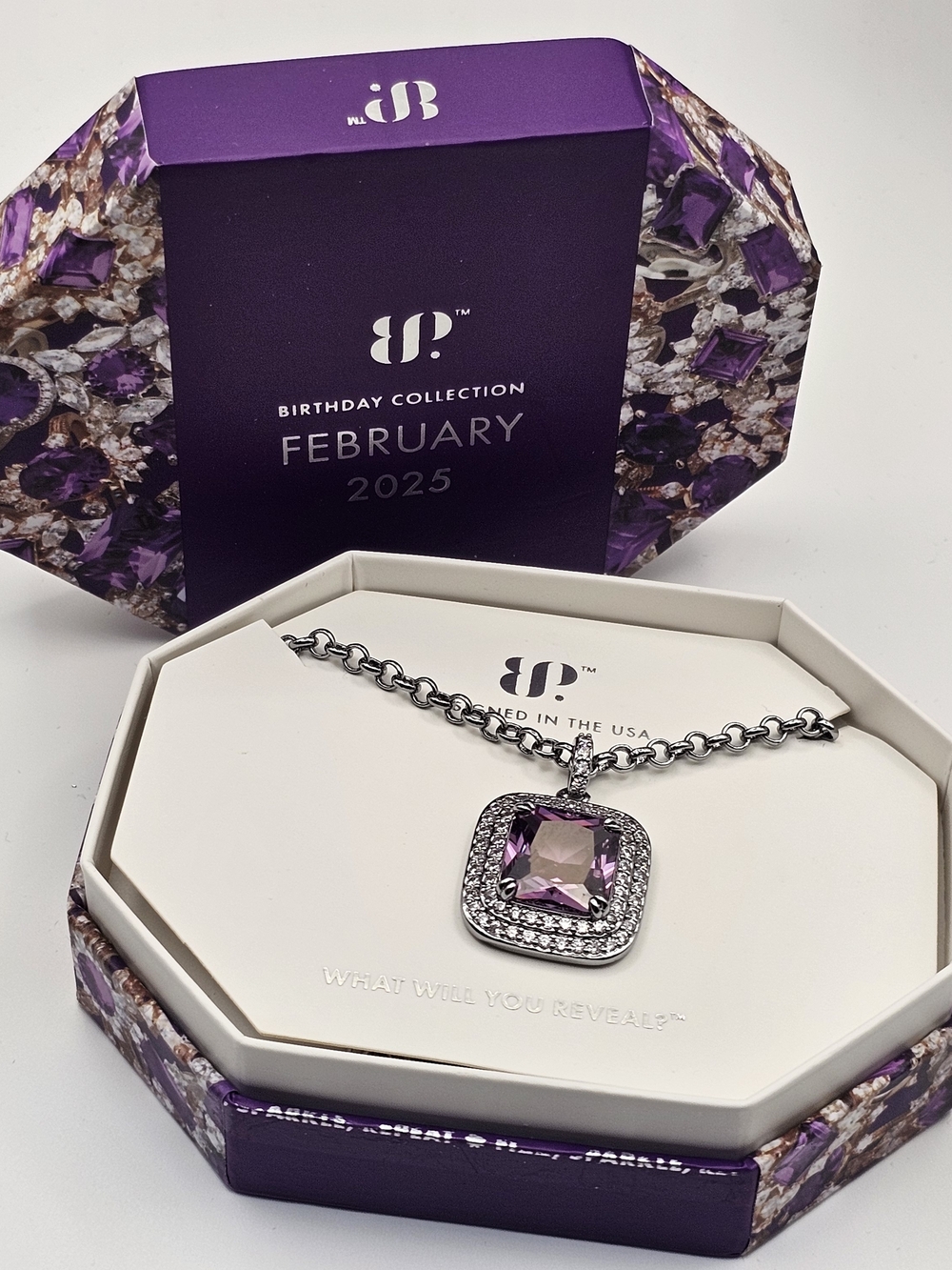 NEW Bomb Party "Say She's Mine" February Birthday Necklace Amethyst on Hematite